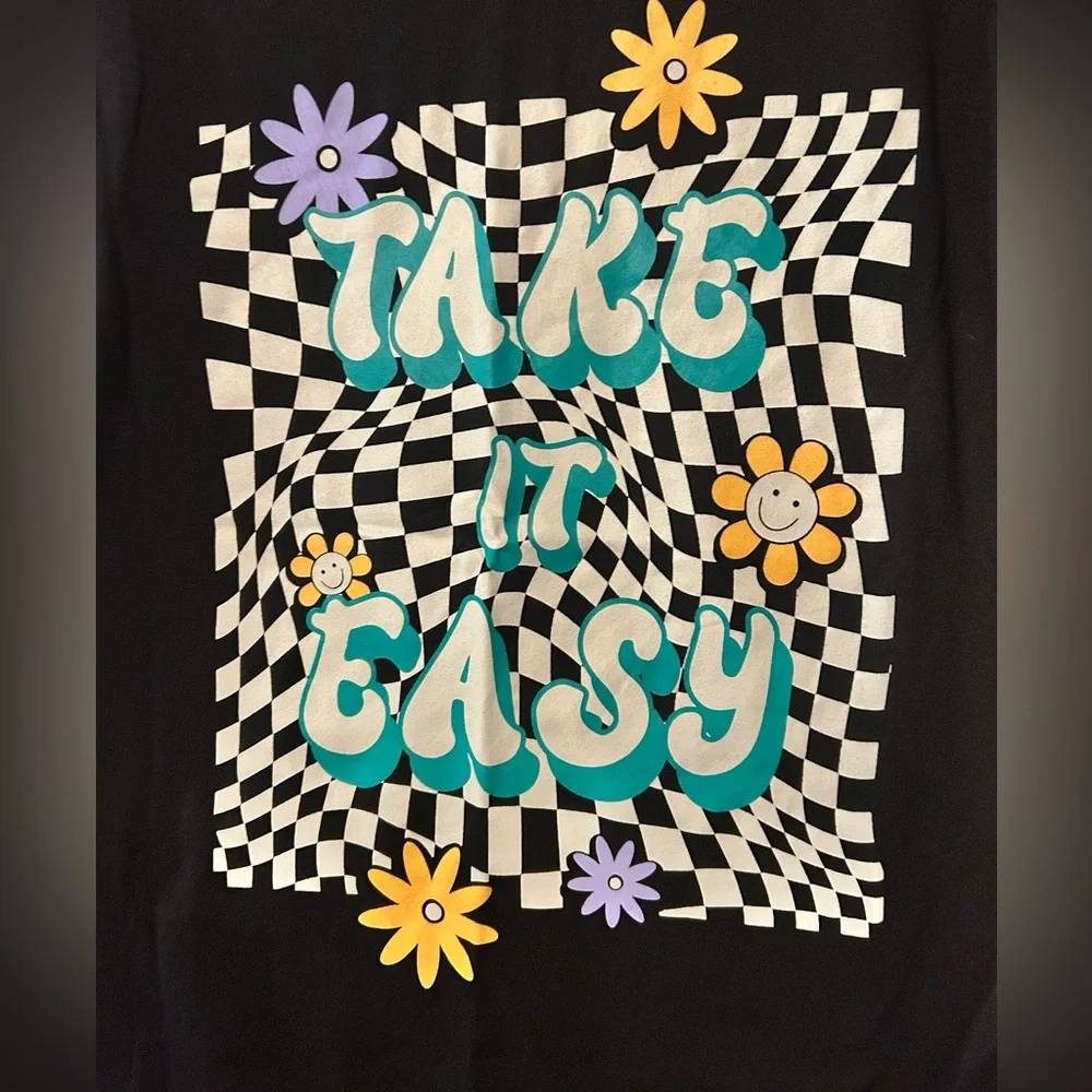 Take It Easy Floral Graphic Tee - Black with teal lettering